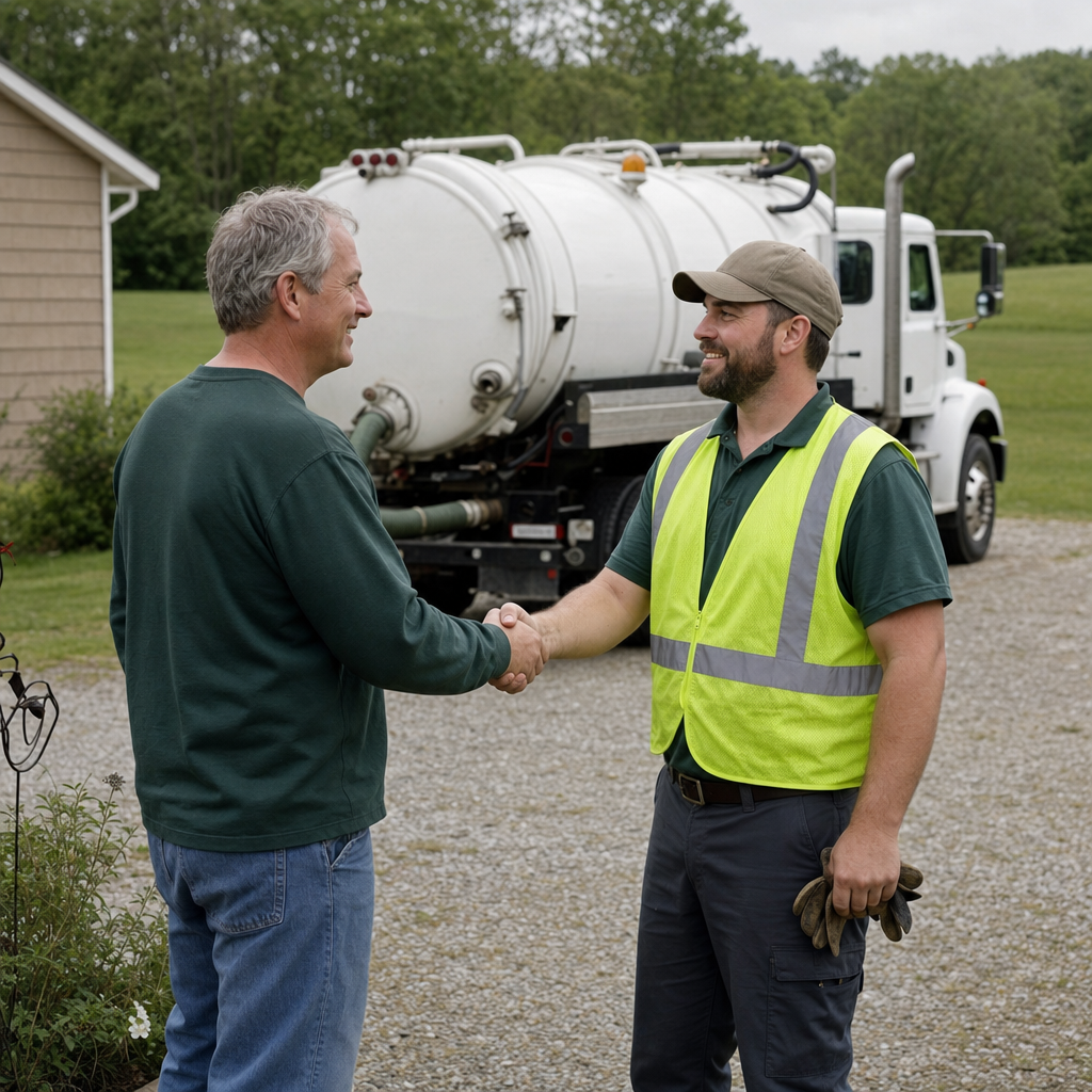 A septic technician shaking a Portland homeowner's hand beside the service truck after a completed pump-out