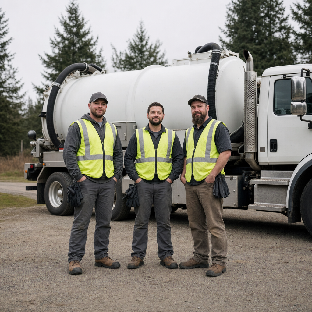 The Portland septic pumping crew standing together beside their clean white vacuum truck on a residential street