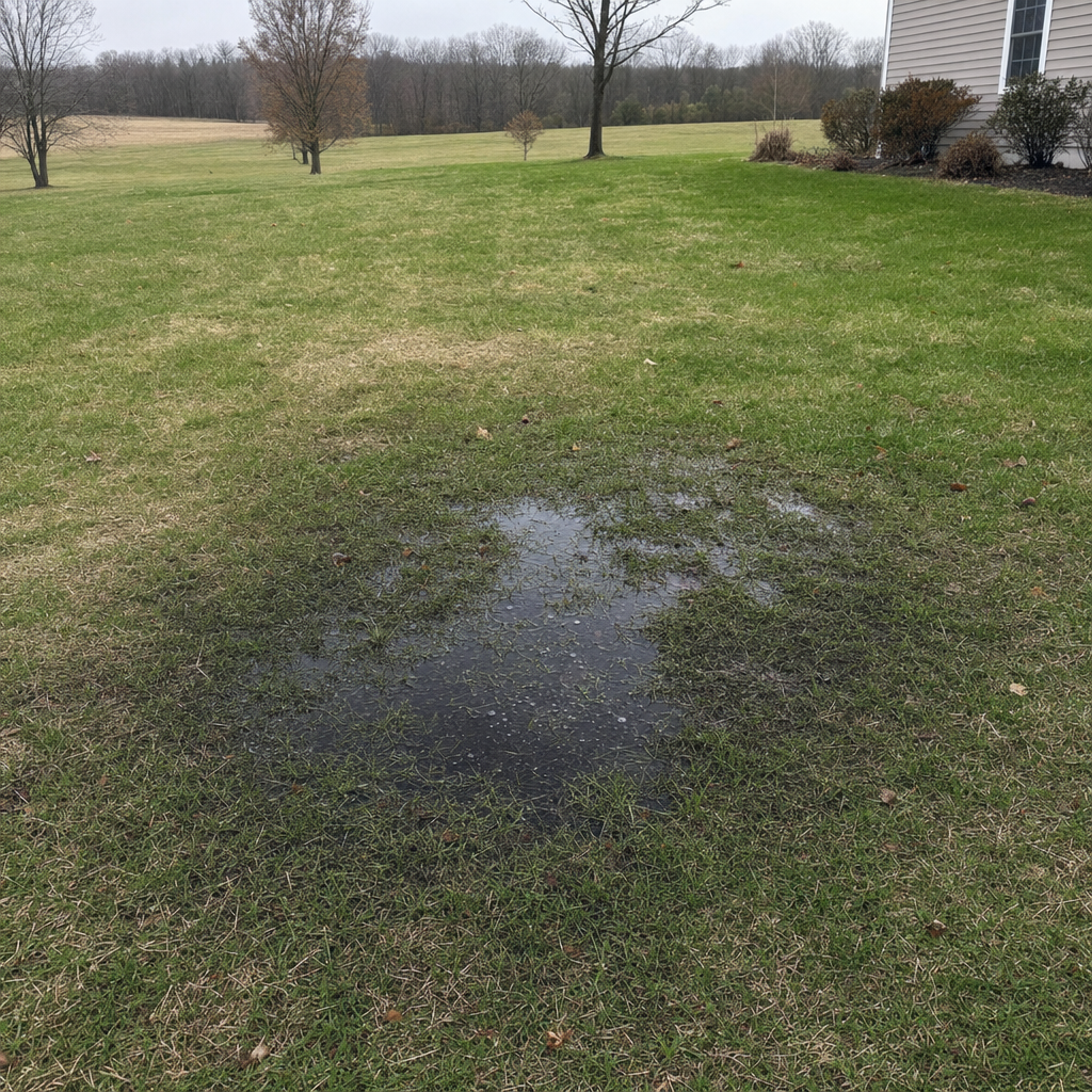 A dark, saturated wet spot in a Portland backyard lawn marking a failing cesspool at capacity