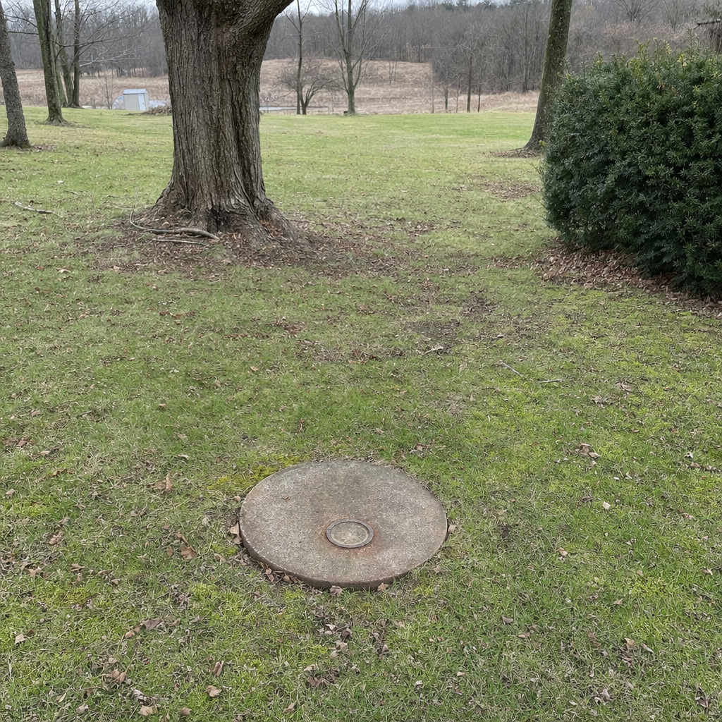 An older round cesspool access lid set flush in an established, mature Portland backyard lawn