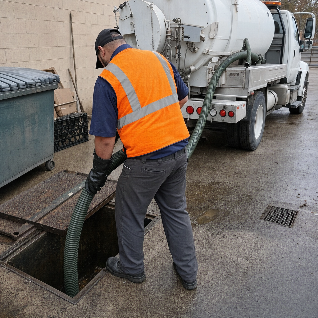 Technician pumping a grease trap behind a Portland restaurant
