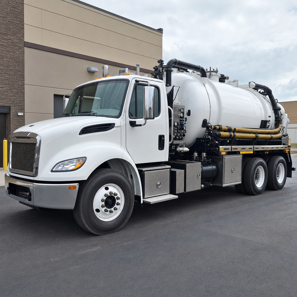 Commercial septic vacuum truck parked in a Portland business parking lot