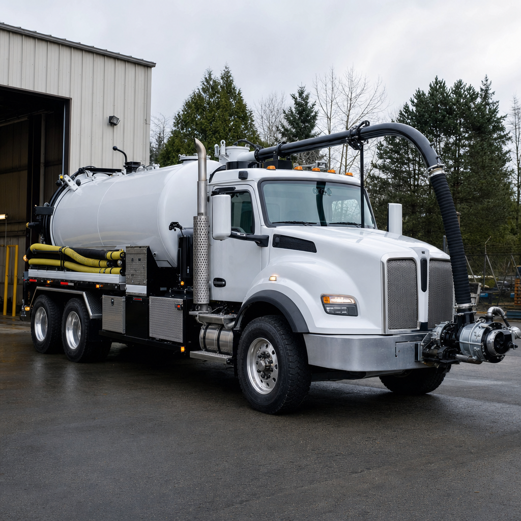 A clean white septic vacuum truck rolling out of a tidy Portland service depot at the start of the day