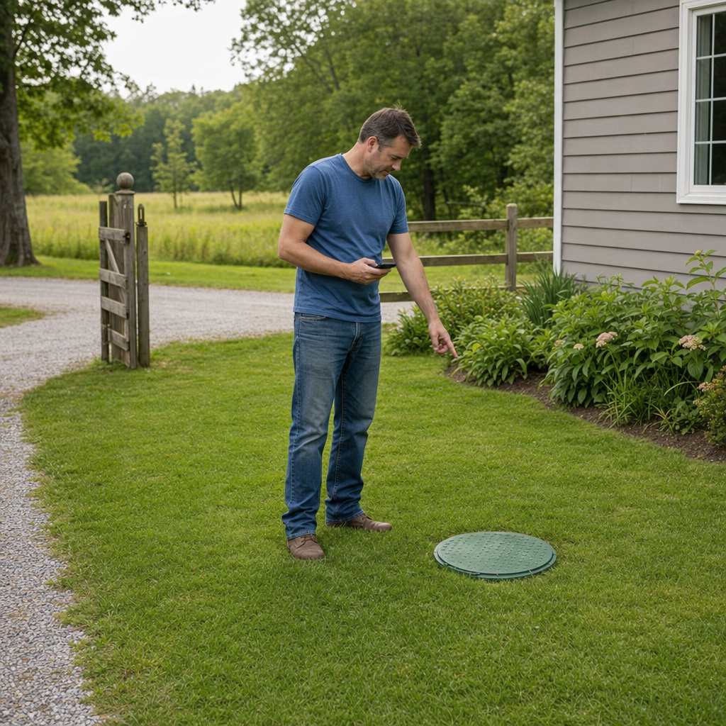 A Portland-area homeowner standing in the backyard noting where the septic tank lid and access route are located