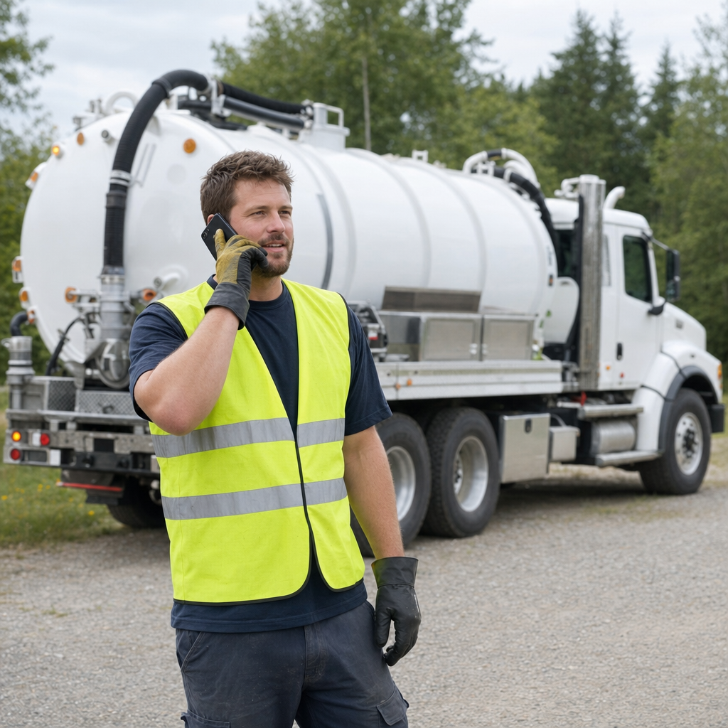 A friendly septic dispatcher holding a phone, ready to answer a Portland homeowner's call about a pump-out