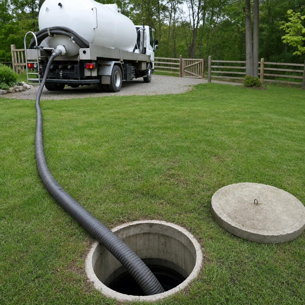 Suction hose connected to an open septic tank, drawing it down in a tidy Portland yard