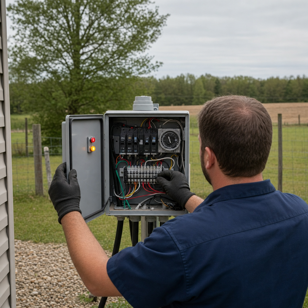 Technician checking an aerobic septic control box with a lit red high-water alarm during a same-day Portland visit