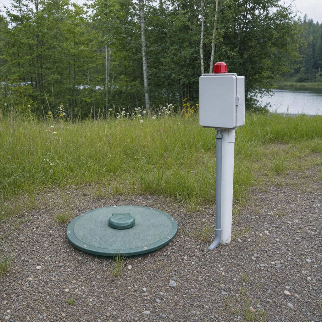 A wastewater holding tank access lid set in the ground at a rural Portland-area cabin, with a mounted high-level float alarm panel nearby