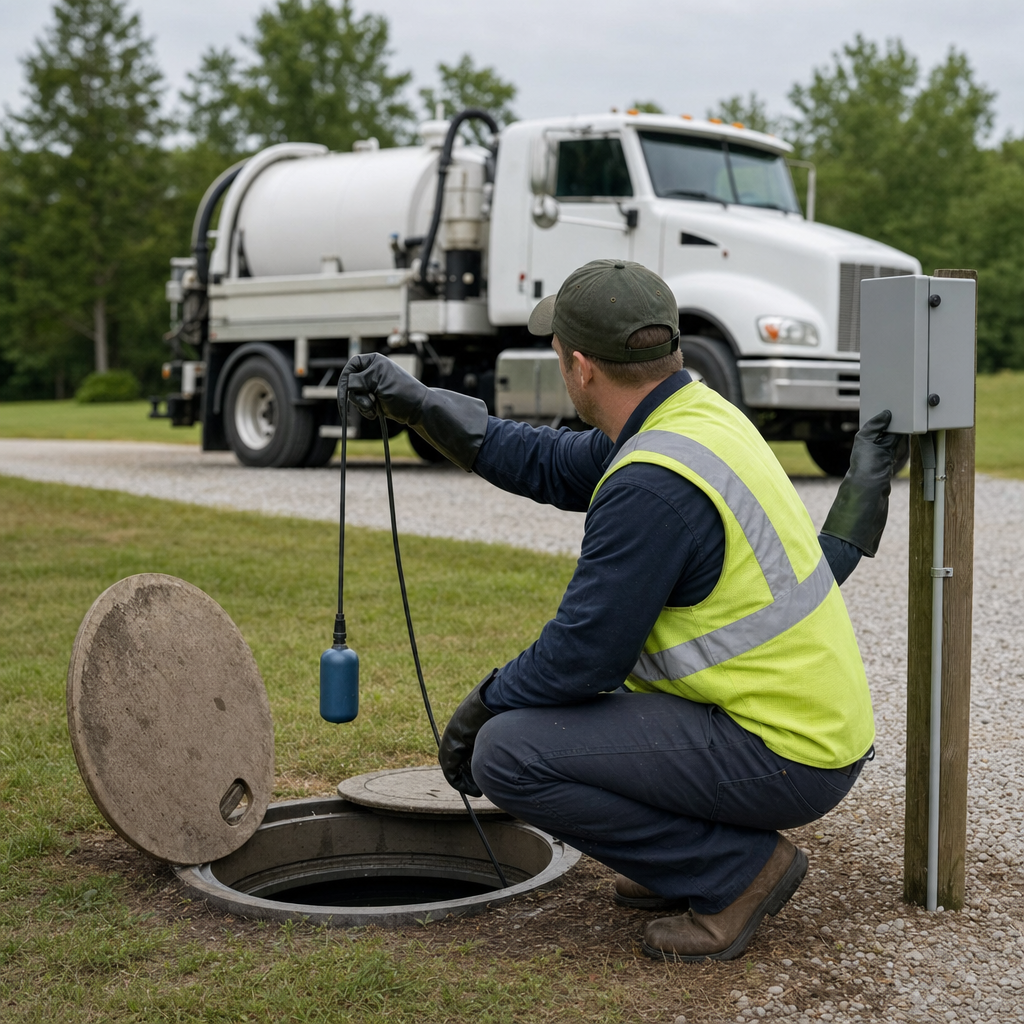 A septic technician in a high-visibility vest checking a high-level float switch and alarm panel on a holding tank at a rural Portland-area site