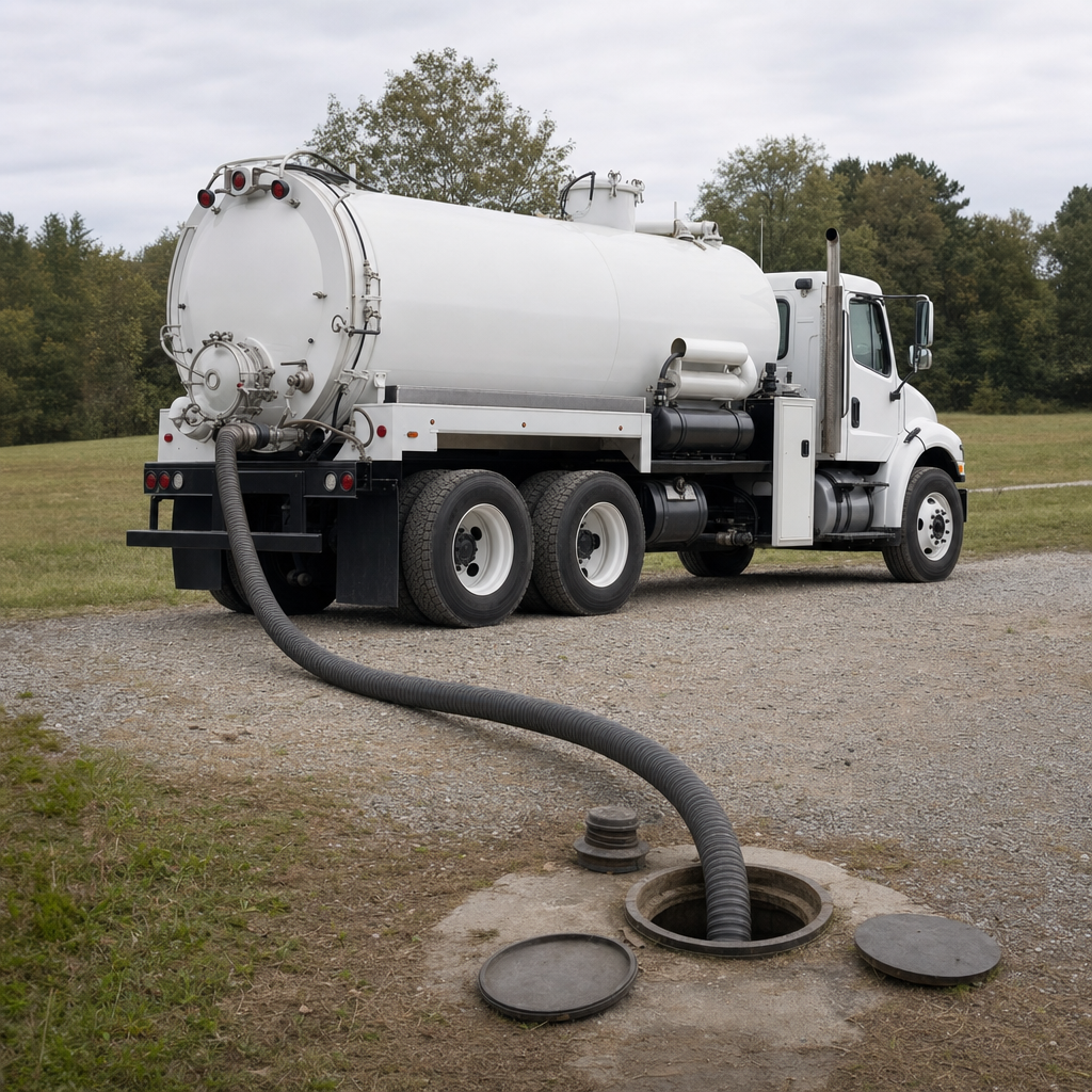 An unmarked white vacuum truck emptying a wastewater holding tank on a scheduled visit at a rural Portland-area property, thick suction hose running to the tank lid