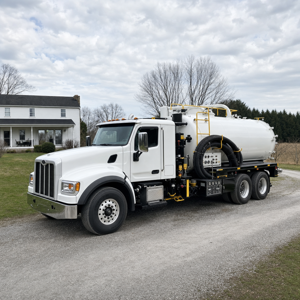 A clean white septic vacuum truck parked on a tidy Portland driveway with the suction hose neatly coiled