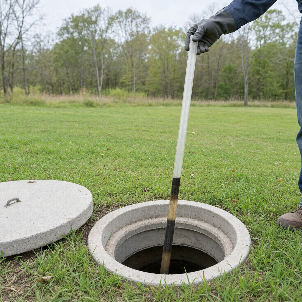 A septic sludge-judge measuring stick lowered into an open Portland septic tank to read the depth of the sludge and scum layers before deciding whether a pump-out is due