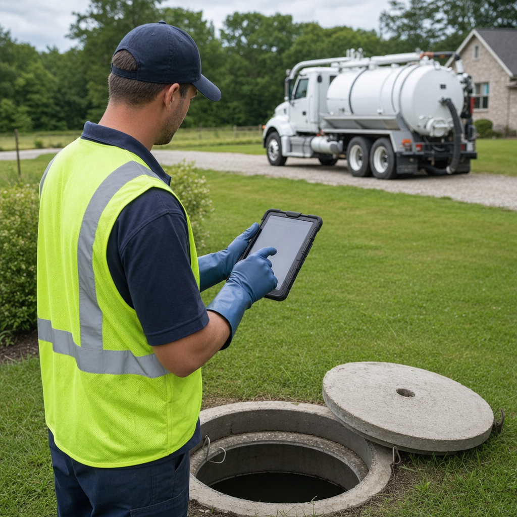 A septic technician recording a Portland home's pump-out date and tank condition on a tablet beside an open access lid, tracking the service history that sets the next due date