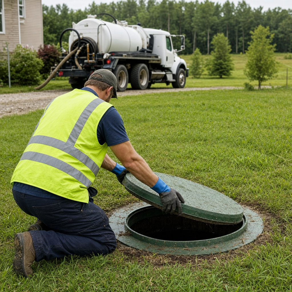 Septic technician kneeling on a Portland lawn, lifting the access lid on a residential septic tank