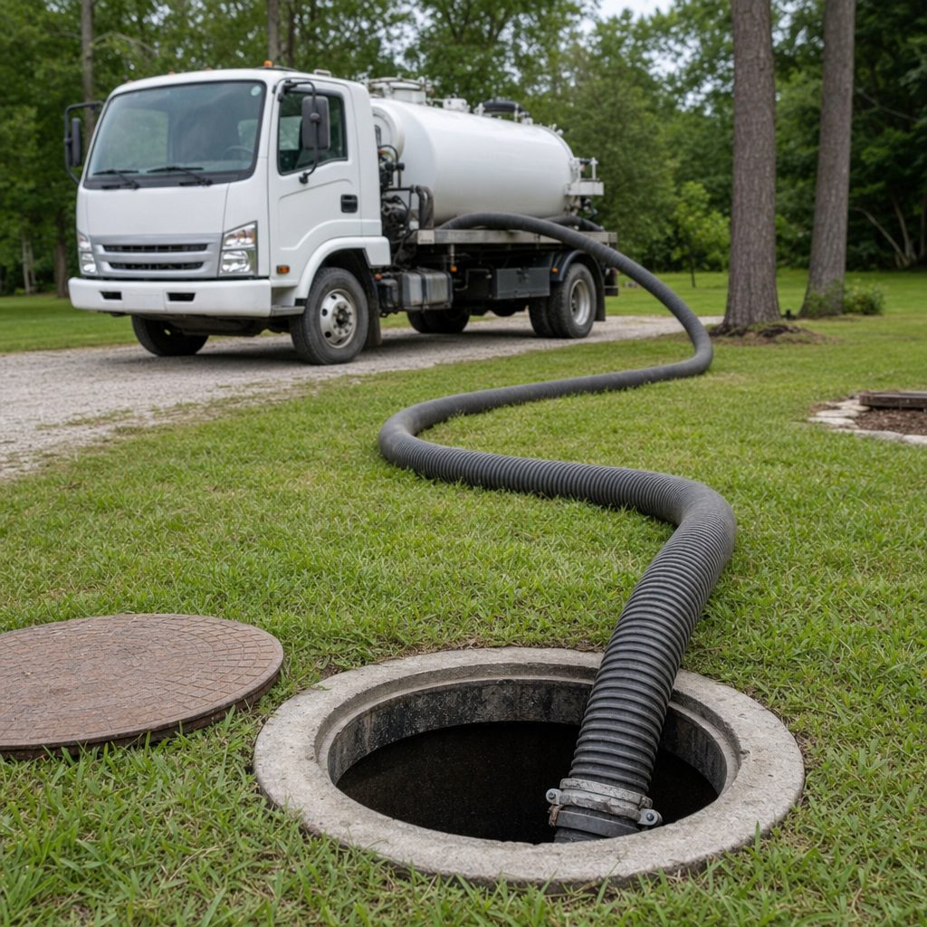 Thick ribbed suction hose lowered into a clean open septic tank port on a tidy Portland backyard lawn