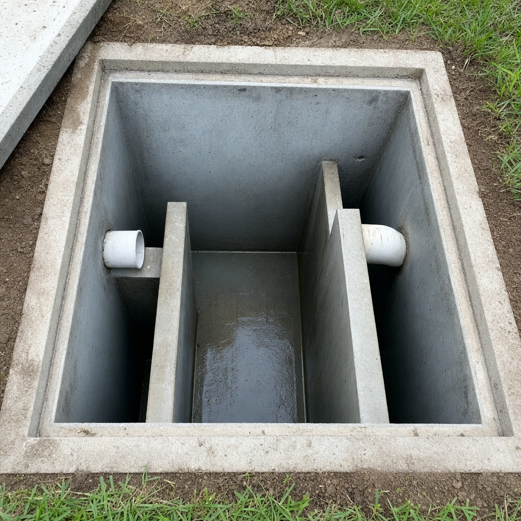 Inspection of the concrete baffles inside an open, emptied and freshly cleaned Portland septic tank