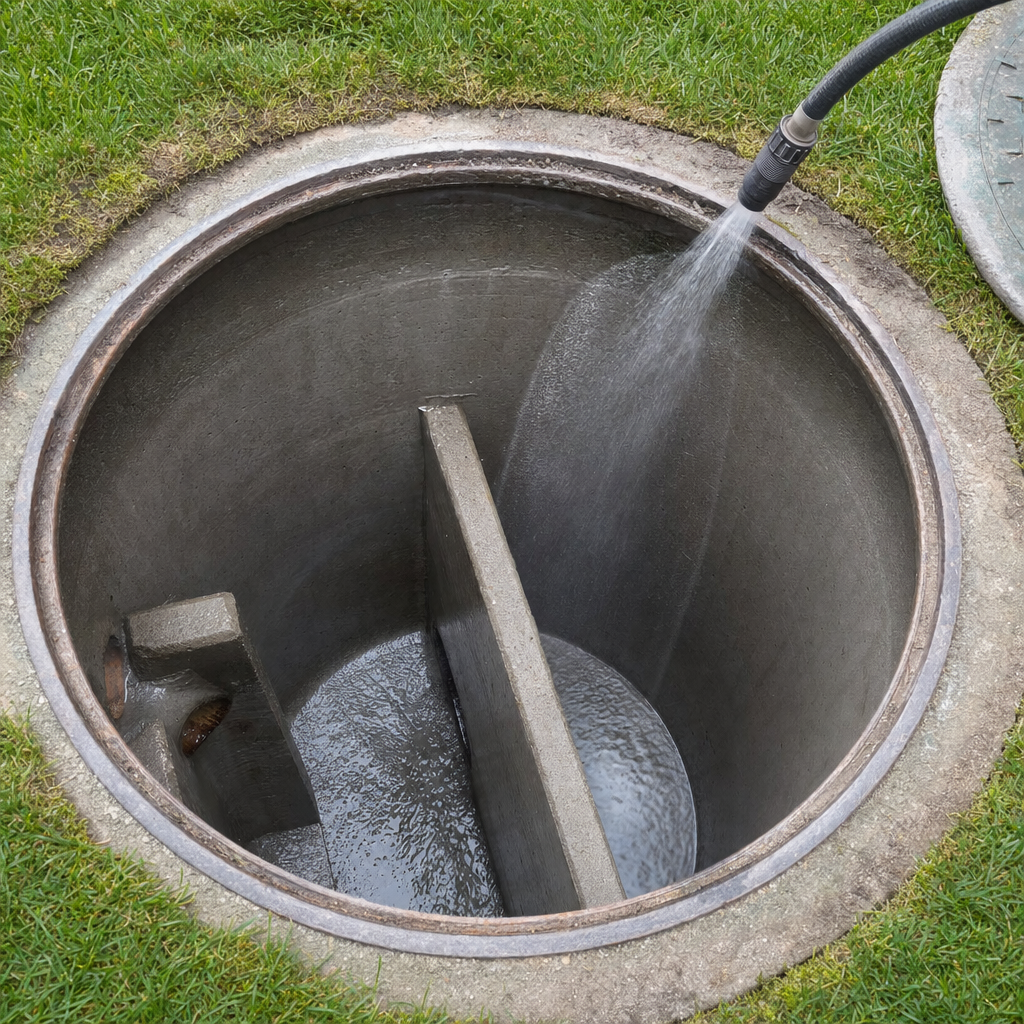 Interior concrete walls of an emptied Portland septic tank being rinsed clean with the truck's onboard water hose