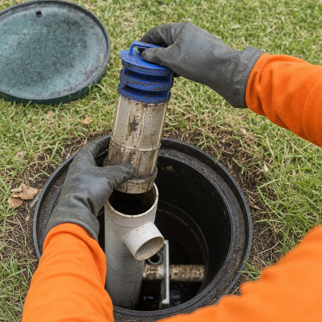 Septic technician's gloved hands lifting the effluent filter cartridge out of the outlet housing on a Portland septic tank