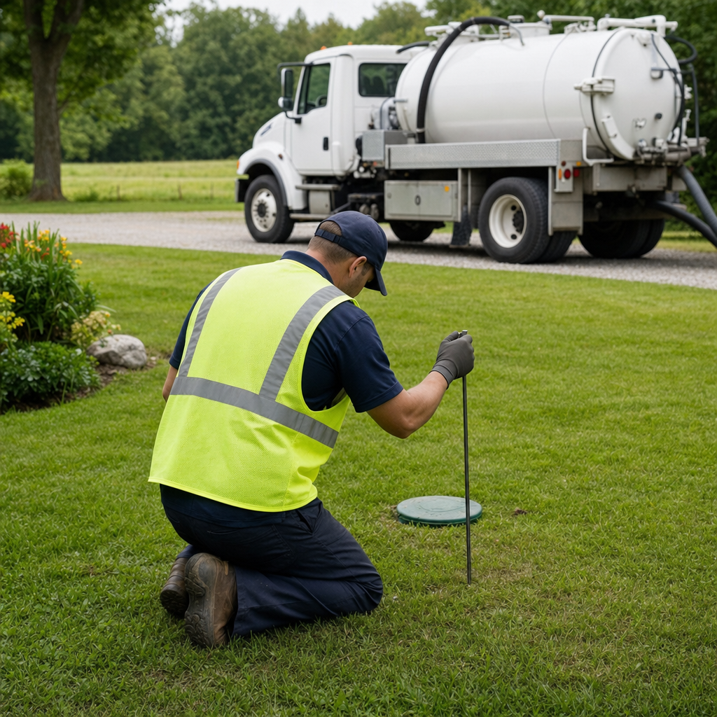 Septic technician kneeling on a Portland lawn, probing to locate and measure the depth of a buried septic tank lid before pumping
