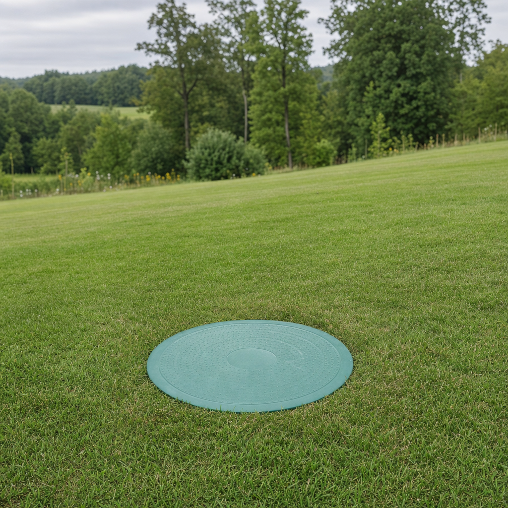 A newly installed septic riser bringing the tank lid up flush to grade in a Portland yard for easy future access