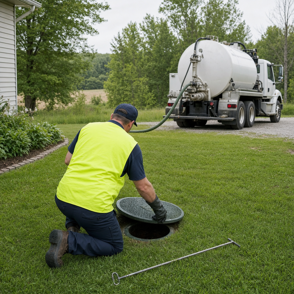 Septic technician kneeling on a Portland lawn, lifting the buried access lid on a residential septic tank