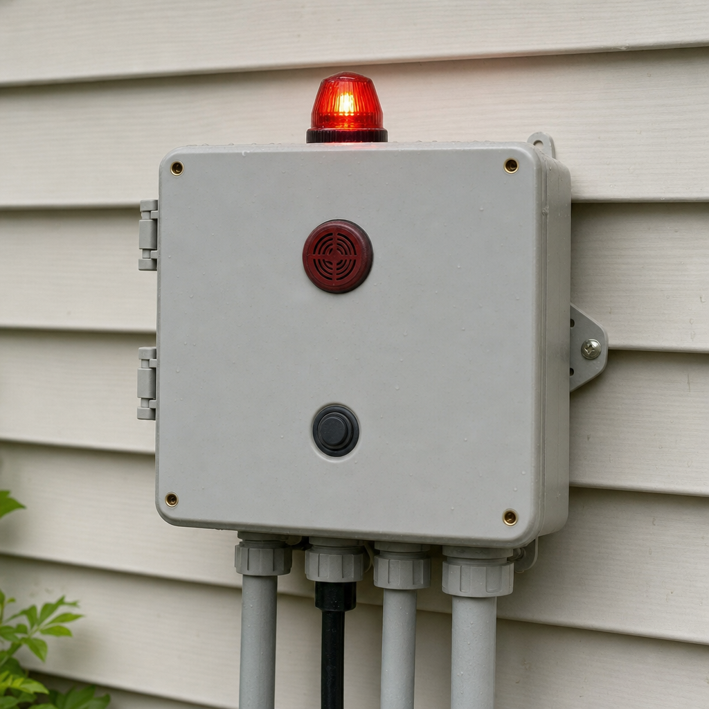 An aerobic septic system control panel mounted outside a Portland home with its red high-water alarm light lit