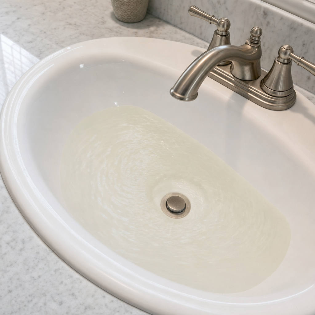 A bathroom sink draining slowly with water pooled in the basin, an early warning sign that a Portland septic tank is full